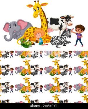 Group of wild african animals and seamless pattern illustration Stock Vector