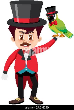 Single character of ring master and parrot on white background illustration Stock Vector