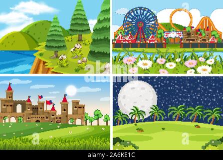 A set of outdoor scene including funfair illustration Stock Vector