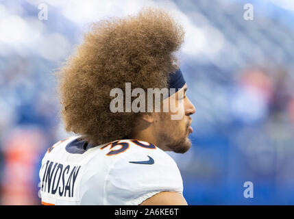 Indianapolis, Indiana, USA. 27th Oct, 2019. Denver Broncos running back Phillip Lindsay (30) during pregame of NFL football game action between the Denver Broncos and the Indianapolis Colts at Lucas Oil Stadium in Indianapolis, Indiana. John Mersits/CSM/Alamy Live News Stock Photo