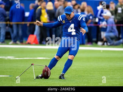 Indianapolis, Indiana, USA. 27th Oct, 2019. Indianapolis Colts kicker Adam Vinatieri (4) during pregame of NFL football game action between the Denver Broncos and the Indianapolis Colts at Lucas Oil Stadium in Indianapolis, Indiana. John Mersits/CSM/Alamy Live News Stock Photo