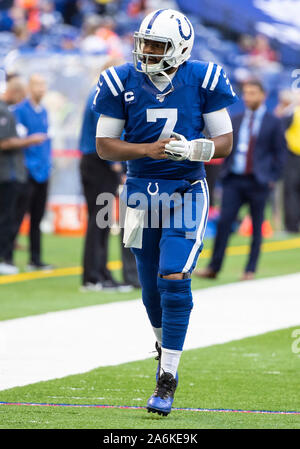 Indianapolis, Indiana, USA. 27th Oct, 2019. Indianapolis Colts quarterback Jacoby Brissett (7) during pregame of NFL football game action between the Denver Broncos and the Indianapolis Colts at Lucas Oil Stadium in Indianapolis, Indiana. John Mersits/CSM/Alamy Live News Stock Photo