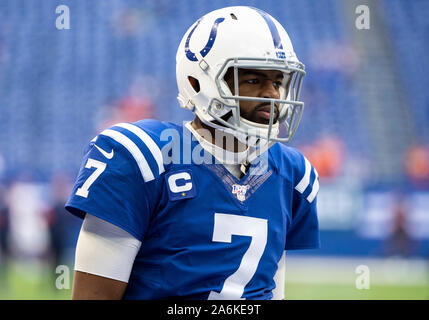 Indianapolis, Indiana, USA. 27th Oct, 2019. Indianapolis Colts quarterback Jacoby Brissett (7) during pregame of NFL football game action between the Denver Broncos and the Indianapolis Colts at Lucas Oil Stadium in Indianapolis, Indiana. John Mersits/CSM/Alamy Live News Stock Photo