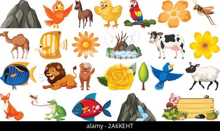 Set of different wild animals on white illustration Stock Vector