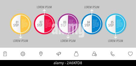 Vector infographic flat template. Circles with arrow for five diagrams, graph, flowchart, timeline, marketing, presentation. Business concept with 5 Stock Vector