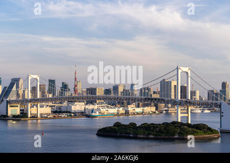 Aerial view of Tokyo skylines with Rainbow bridge and tokyo tower over Tokyo bay in daytime from Odaiba in Tokyo city Kanto Japan. Stock Photo