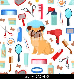 pattern with grooming tools and dog Stock Vector