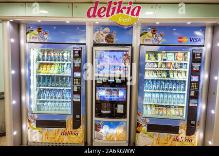 Barcelona Spain,Catalonia Barcelona-El Prat Josep Tarradellas Airport BCN,terminal,soda,beverage,water,vending machine machines,ES190820006 Stock Photo
