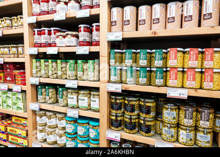 Barcelona Spain,Catalonia El Poblenou,Rambla del Poblenou Ametller Origen,organic local food supermarket jars shelves,store brand beans legumes artich Stock Photo