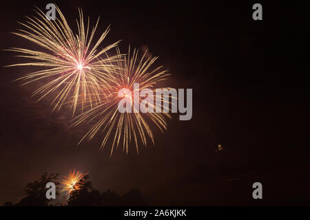 Bright orange and red fireworks over trees silhouette Stock Photo