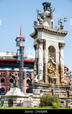 Barcelona Spain,Catalonia Sants Montjuic,Plaza de Espana Placa d'Espanya,public square,monumental fountain,by architect Josep Maria Jujol,noucentista Stock Photo