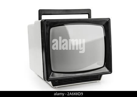 Retro television set. Small portable old TV isolated on white background with clipping path. Additional path for screen area Stock Photo