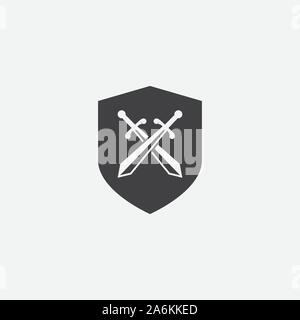 vector shield and crossed swords icon, flat design swords and shield vector icon, sword icon conception with shield icon, blade and shield vector illustration Stock Vector