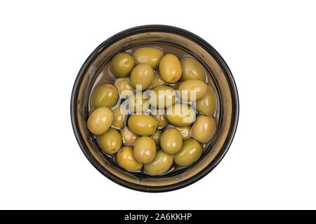 Green olives in bowl (whole, not pitted) isolated on white background with clipping path. Top view, full frame 36 Mp Stock Photo