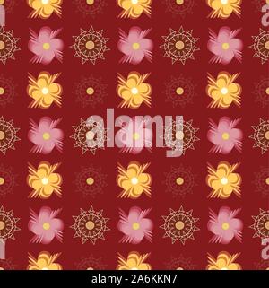 Pattern with abstract pink and yellow flowers on red background. Stock Vector