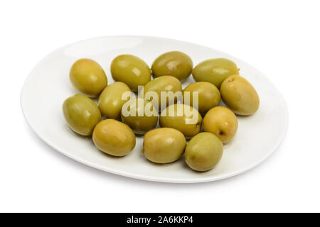 Plate with wet green olives isolated on white background with clipping path Stock Photo