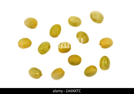 Many green olives isolated on white background with clipping path. Top view Stock Photo