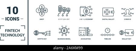 Fintech Technology icon set. Include creative elements basic income, bitcoin technology, online loan, kyc, business model icons. Can be used for Stock Vector