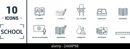 School icon set. Include creative elements school, bell, alphabet, history, art icons. Can be used for report, presentation, diagram, web design Stock Vector