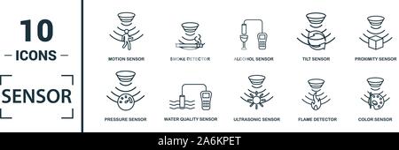 Sensor icon set. Include creative elements water quality sensor, smoke detector, gas, rain sensor, humidity sensor icons. Can be used for report Stock Vector
