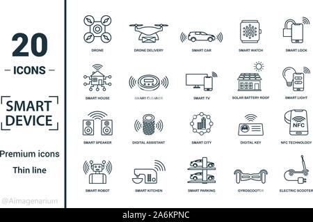 Smart Devices icon set. Include creative elements drone, smart car, smart house, solar battery roof, smart speaker icons. Can be used for report Stock Vector