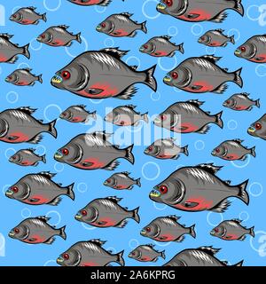 Cartoon Piranha Fish Swimming Seamless Pattern on Blue Background Stock Vector