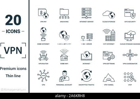 Vpn icon set. Include creative elements , archiving, site security, home server, cloud storage hacking icons. Can be used for report, presentation Stock Vector