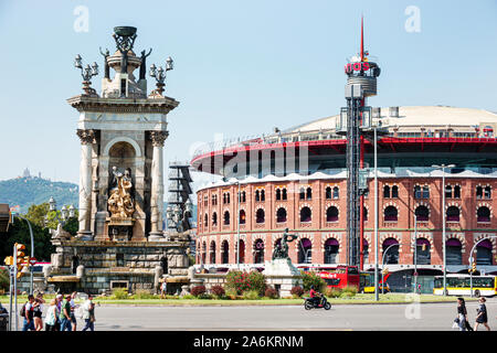 Barcelona Spain,Catalonia Sants Montjuic,Plaza de Espana Placa d'Espanya,public square,monumental fountain,by architect Josep Maria Jujol,noucentista Stock Photo