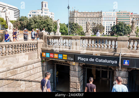Barcelona Spain,Catalonia Transports Metropolitans de Barcelona TMB,metro,subway,rapid transit,Plaza Placa de Catalunya station,entrance stairs,Hispan Stock Photo