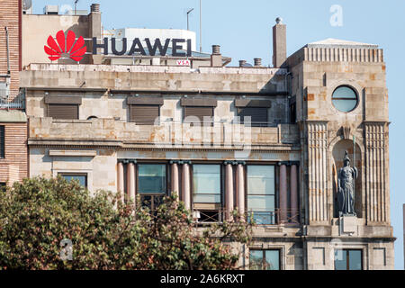 Barcelona Spain,Catalonia Plaza Placa de Catalunya,public square,commercial shopping district,Huawei,Chinese multinational technology company,patent t Stock Photo