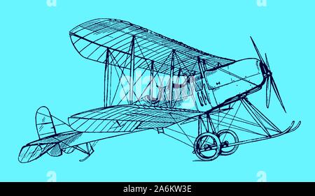 Historical british single-engine tractor two-seat biplane in side view on a blue background. Editable in layers Stock Vector