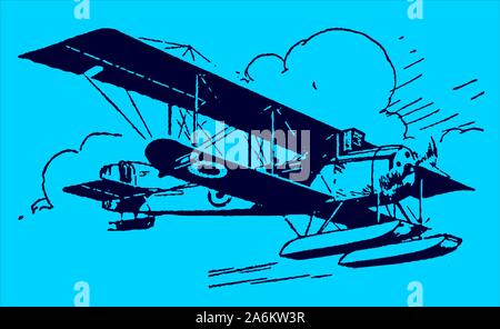 Historical folding-wing reconnaissance seaplane flying in front of clouds on a blue background. Editable in layers Stock Vector