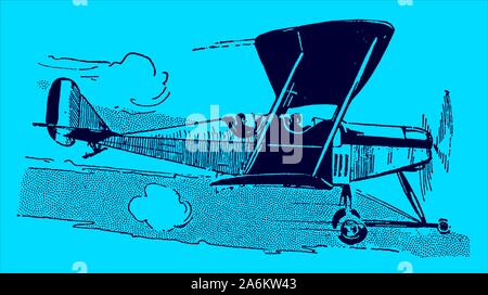 Historic two-seater biplane flying in front of a cloudy sky on a blue background. Editable in layers Stock Vector