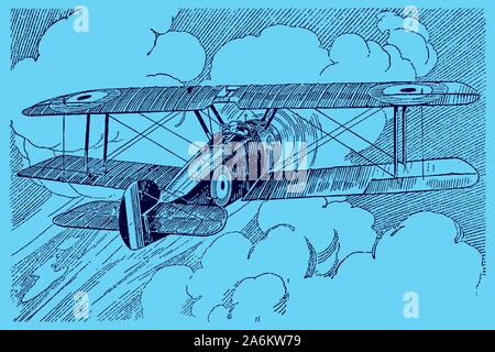 Historical british single-engine tractor one-seat biplane in back view, flying towards huge cumulus clouds on a blue-grey background. Editable in laye Stock Vector