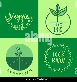 Raw product and eco oriented badges set. Stock Vector