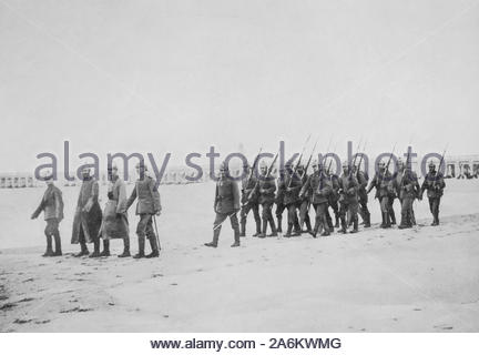 WW1 German Patrol on the beach at Ostend Belgium, vintage photograph from 1914 Stock Photo