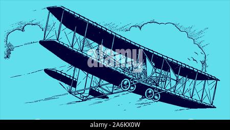 Historic flying school biplane flying in front of huge clouds on a blue background. Editable in layers Stock Vector