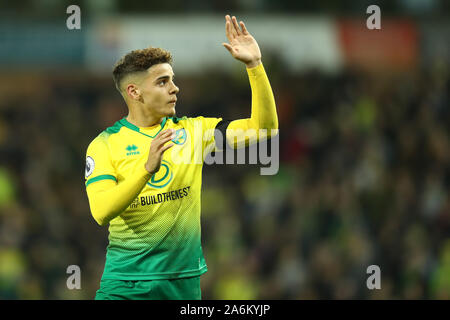 Norwich, UK. 27th Oct, 2019.  English Premier League Football, Norwich versus Manchester United; Max Aaron of Norwich City thanks the fans for their support - Strictly Editorial Use Only. No use with unauthorized audio, video, data, fixture lists, club/league logos or 'live' services. Online in-match use limited to 120 images, no video emulation. No use in betting, games or single club/league/player publications Credit: Action Plus Sports Images/Alamy Live News Stock Photo