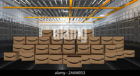 cardboard packages with the Amazon sign in the Logistics center Stock Photo