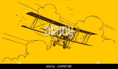 Historical biplane flying out of the clouds on a yellow-orange background. Editable in layers Stock Vector
