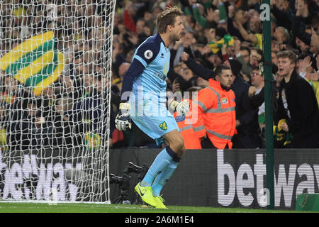 Tim Krul, the goalkeeper of Norwich City celebrates after saving his second penalty of the game this time from Anthony Martial of Manchester United. Premier league match, Norwich City v Manchester Utd at Carrow Road Stadium in Norwich on Sunday 27th October 2019. this image may only be used for Editorial purposes. Editorial use only, license required for commercial use. No use in betting, games or a single club/league/player publications. pic by Steffan Bowen/Andrew Orchard sports photography/Alamy Live news Stock Photo