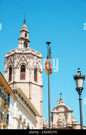 Valencia Spain Hispanic,Ciutat Vella,old city,historic center,Plaza Placa de la Reina,main square,Torre del Micalet,Miguelete,Gothic-style octagonal b Stock Photo