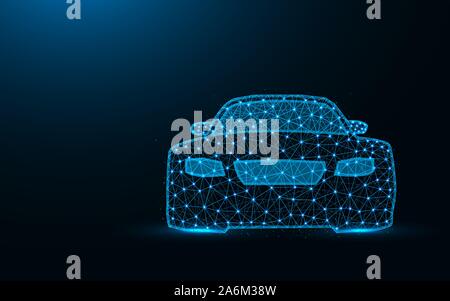 Car low poly design, transport abstract geometric image, driving wireframe mesh polygonal vector illustration made from points and lines on dark blue Stock Vector