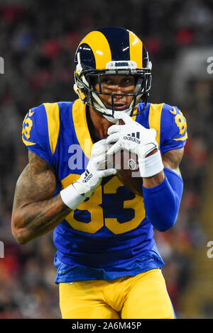 London, UK. 27 October 2019. Rams Wide Receiver, Josh Reynolds (83)  celebrates with Rams Tight End, Gerald Everett (81) and Rams Tight End,  Tyler Higbee (89) after scoring during the NFL match