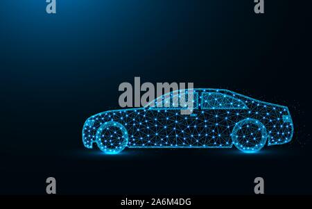 Car low poly design, transport abstract geometric image, driving wireframe mesh polygonal vector illustration made from points and lines on dark blue Stock Vector