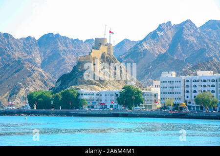 Mutrah Castle or Fort on the coastline of the city of Muscat, Oman. Stock Photo