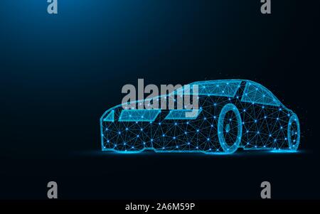 Car low poly design, transport abstract geometric image, driving wireframe mesh polygonal vector illustration made from points and lines on dark blue Stock Vector