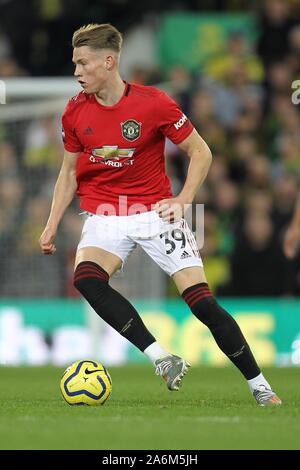 Norwich, UK. 26th Oct, 2019. Scott McTominay of Manchester United during the Premier League match between Norwich City and Manchester United at Carrow Road on October 27th 2019 in Norwich, England. (Photo by Matt Bradshaw/phcimages.com) Credit: PHC Images/Alamy Live News Stock Photo