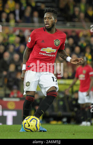 Norwich, UK. 26th Oct, 2019. Fred of Manchester United during the Premier League match between Norwich City and Manchester United at Carrow Road on October 27th 2019 in Norwich, England. (Photo by Matt Bradshaw/phcimages.com) Credit: PHC Images/Alamy Live News Stock Photo