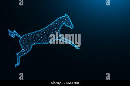 Powerful electric horse in a jump low poly design, animal abstract geometric image, zoo wireframe mesh polygonal vector illustration made from points Stock Vector